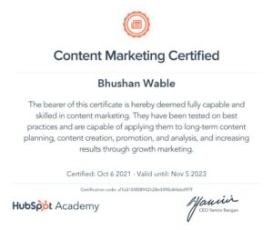 HubSpot Academy Certificate - SEO, Digital Marketing, Content, Email, Inbound & Social Media